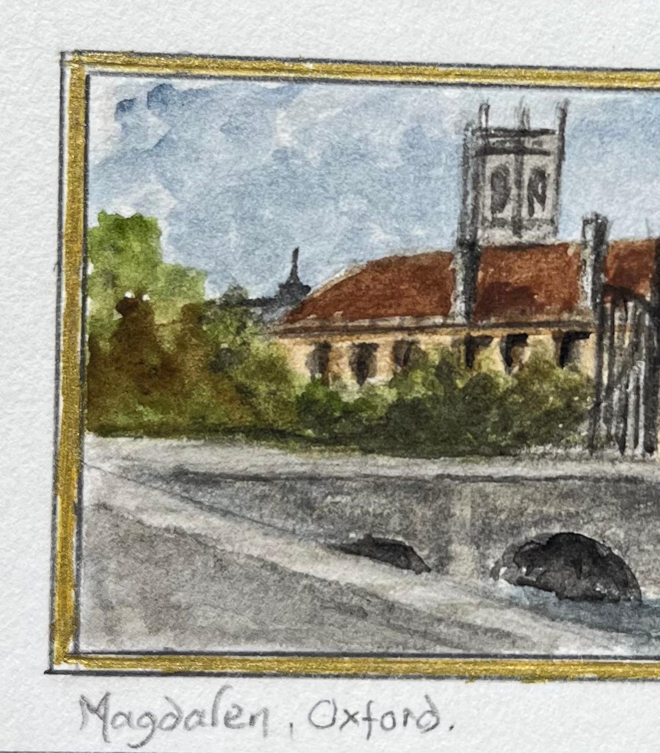 Acquerello storico in miniatura del Magdalen College di Oxford con ponte e torre - Landscape Painting Grigio di Jack Grunwell
