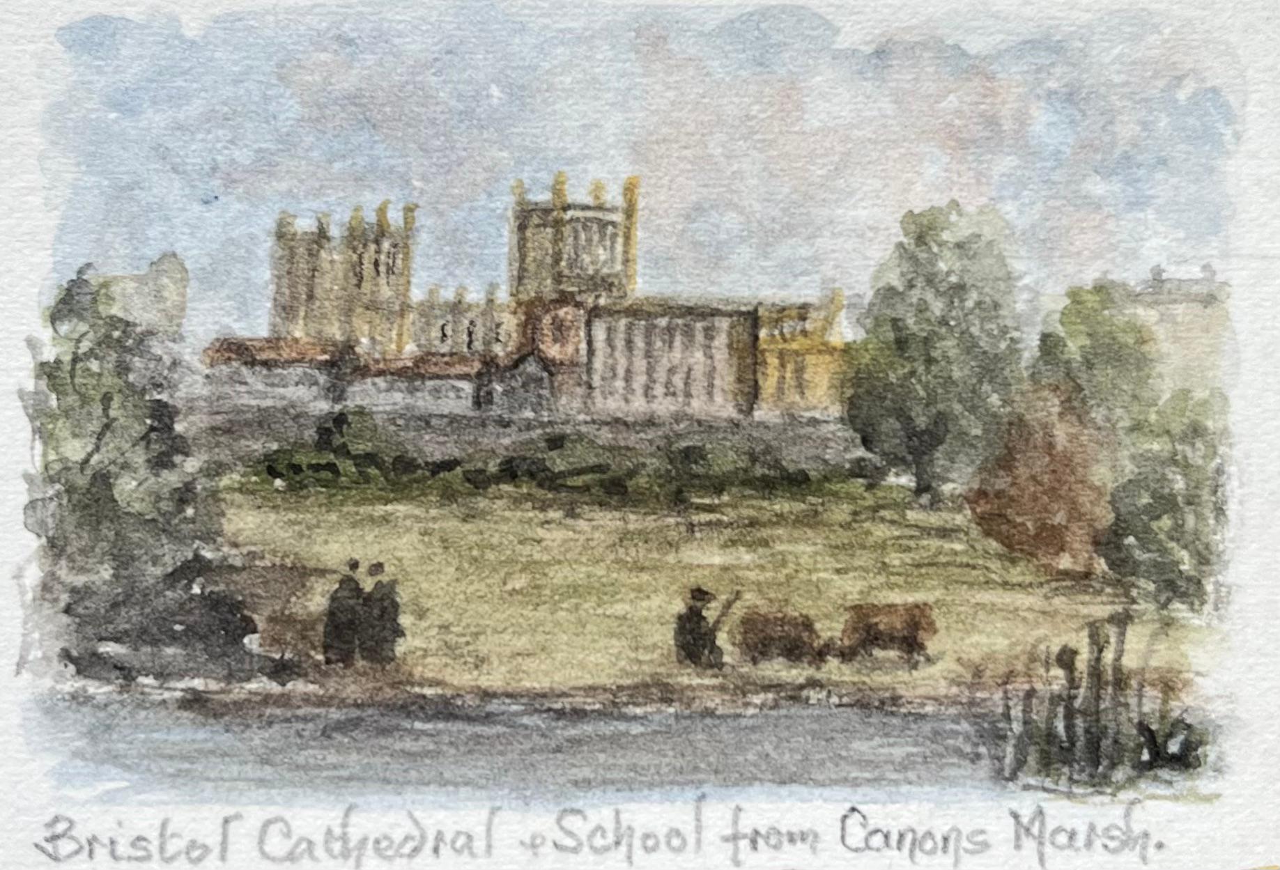Landscape Art di Jack Grunwell - Acquerello storico in miniatura della Cattedrale e della Scuola di Bristol da Canons Marsh