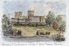 Historic Miniature Watercolor of Bristol Cathedral and School from Canons Marsh
