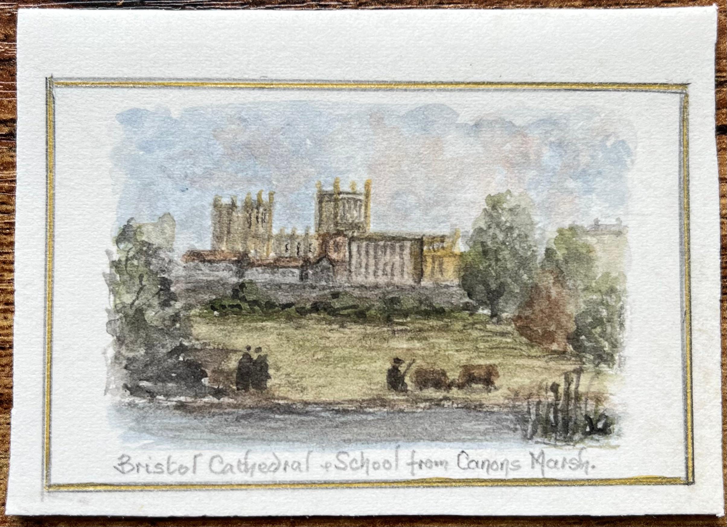 Acquerello storico in miniatura della Cattedrale e della Scuola di Bristol da Canons Marsh - Art di Jack Grunwell