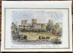 Aquarelle miniature historique de la cathédrale de Bristol et de l'école de Canons Marsh