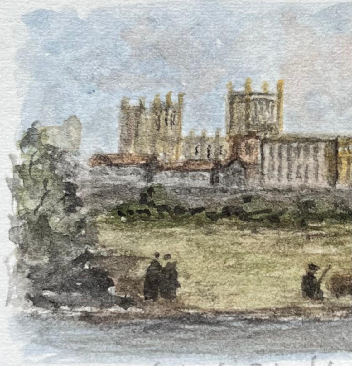 Acquerello storico in miniatura della Cattedrale e della Scuola di Bristol da Canons Marsh - Landscape Art Grigio di Jack Grunwell