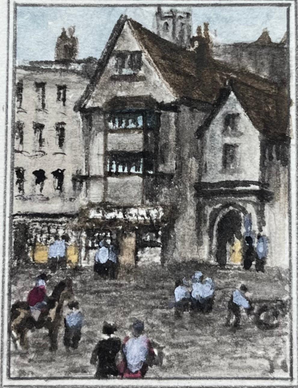 Jack Grunwell Landscape Painting - Historic Miniature Watercolor of St Bartholomews Gate with Various Figures