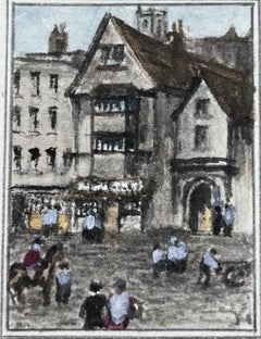 Historic Miniature Watercolor of St Bartholomews Gate with Various Figures