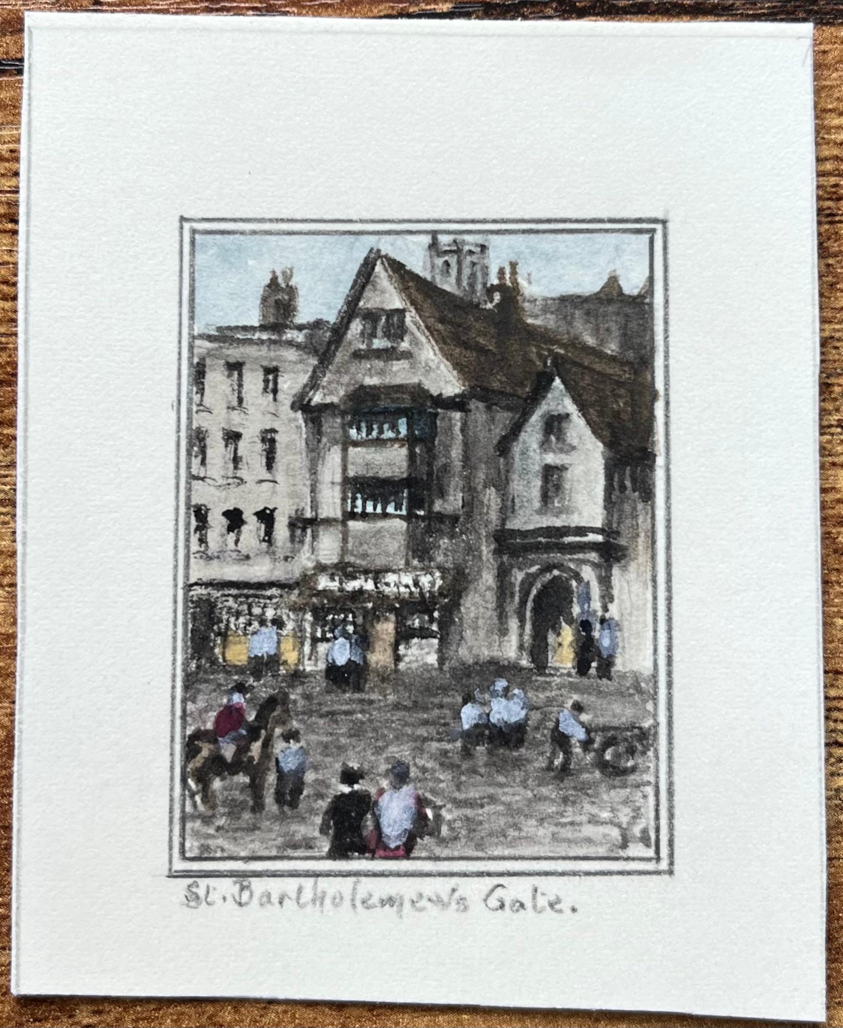 Historic Miniature Watercolor of St Bartholomews Gate with Various Figures - Painting by Jack Grunwell