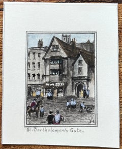 Historic Miniature Watercolor of St Bartholomews Gate with Various Figures