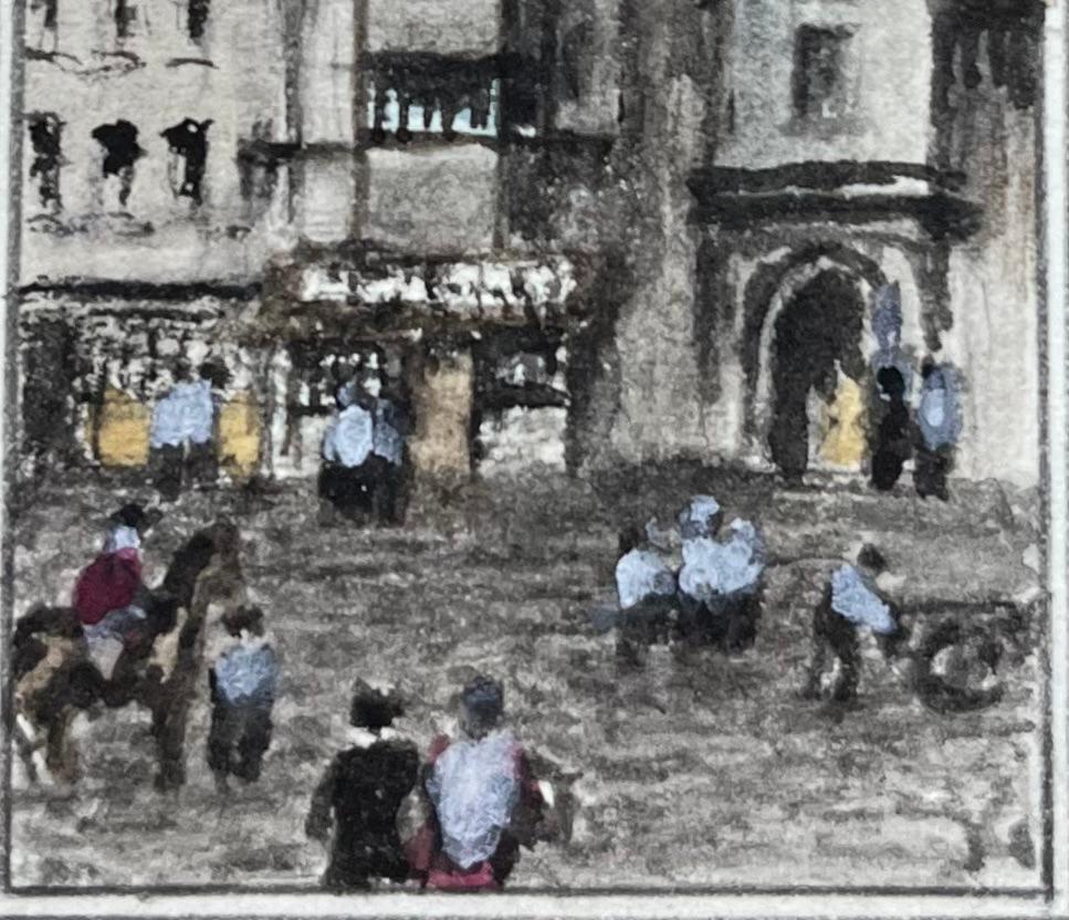 Historic Miniature Watercolor of St Bartholomews Gate with Various Figures - Gray Landscape Painting by Jack Grunwell