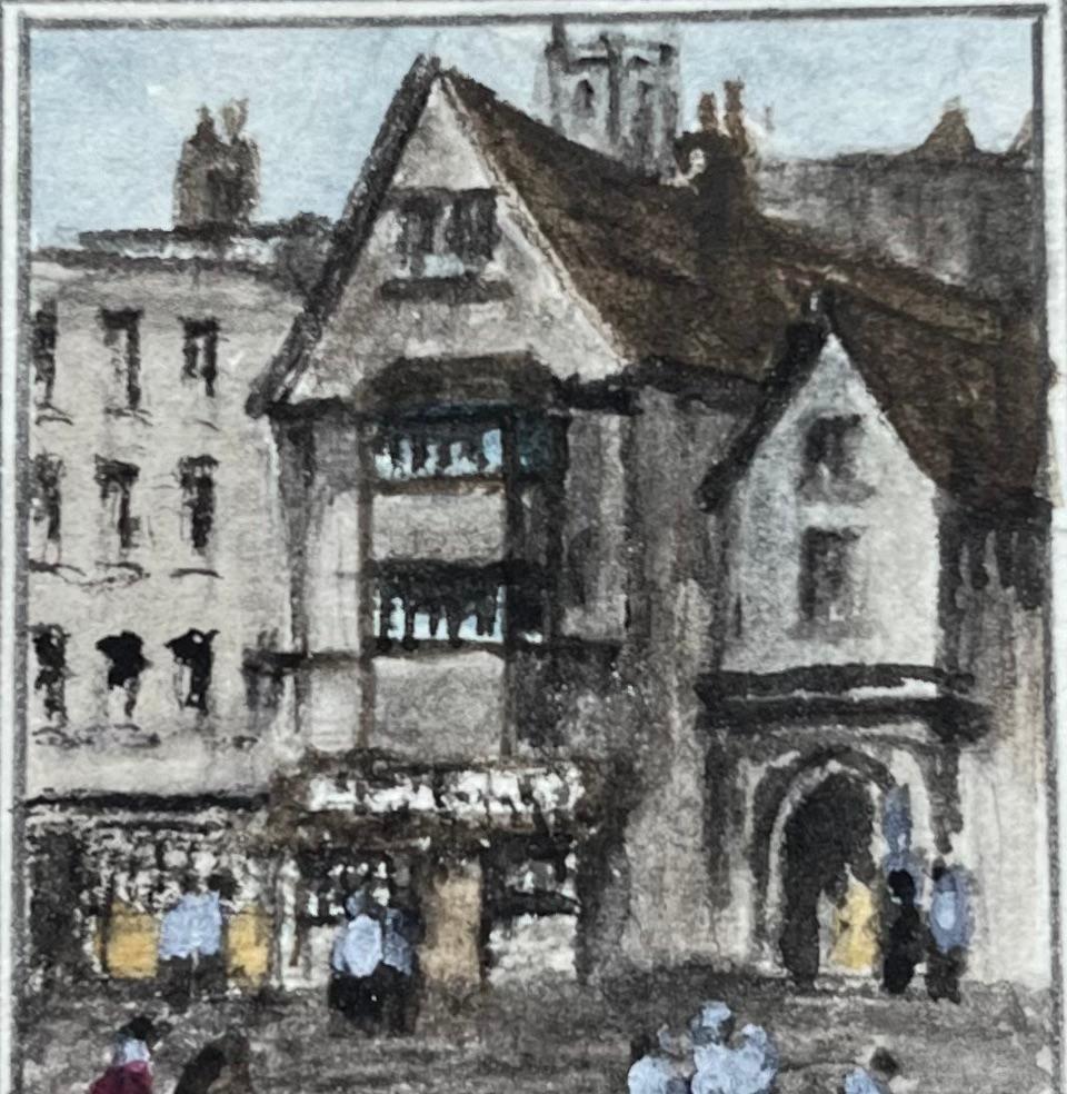 Historic Miniature Watercolor of St Bartholomews Gate with Various Figures - English School Painting by Jack Grunwell