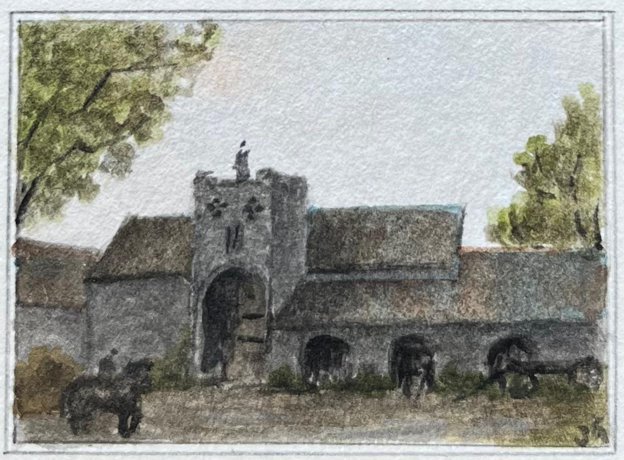 St Georges Church and Court Farm Hanham and Haughan Abbots Watercolor - Gray Landscape Painting by Jack Grunwell