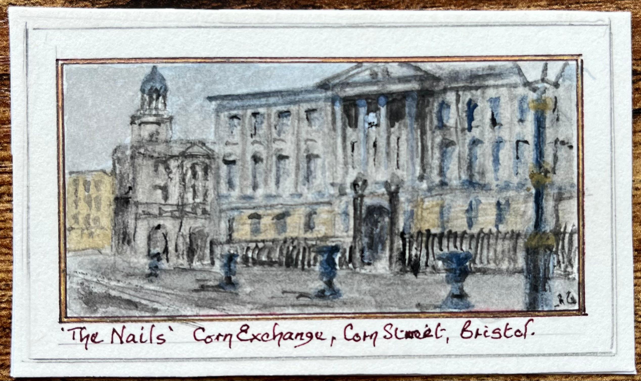 Historische Miniatur Aquarell von The Nails und Corn Exchange Corn Street Bristol – Art von Jack Grunwell
