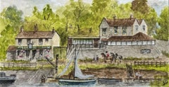 Historische Miniatur Aquarell von Chequers Inn Henham mit Boot und Pferd Reiter
