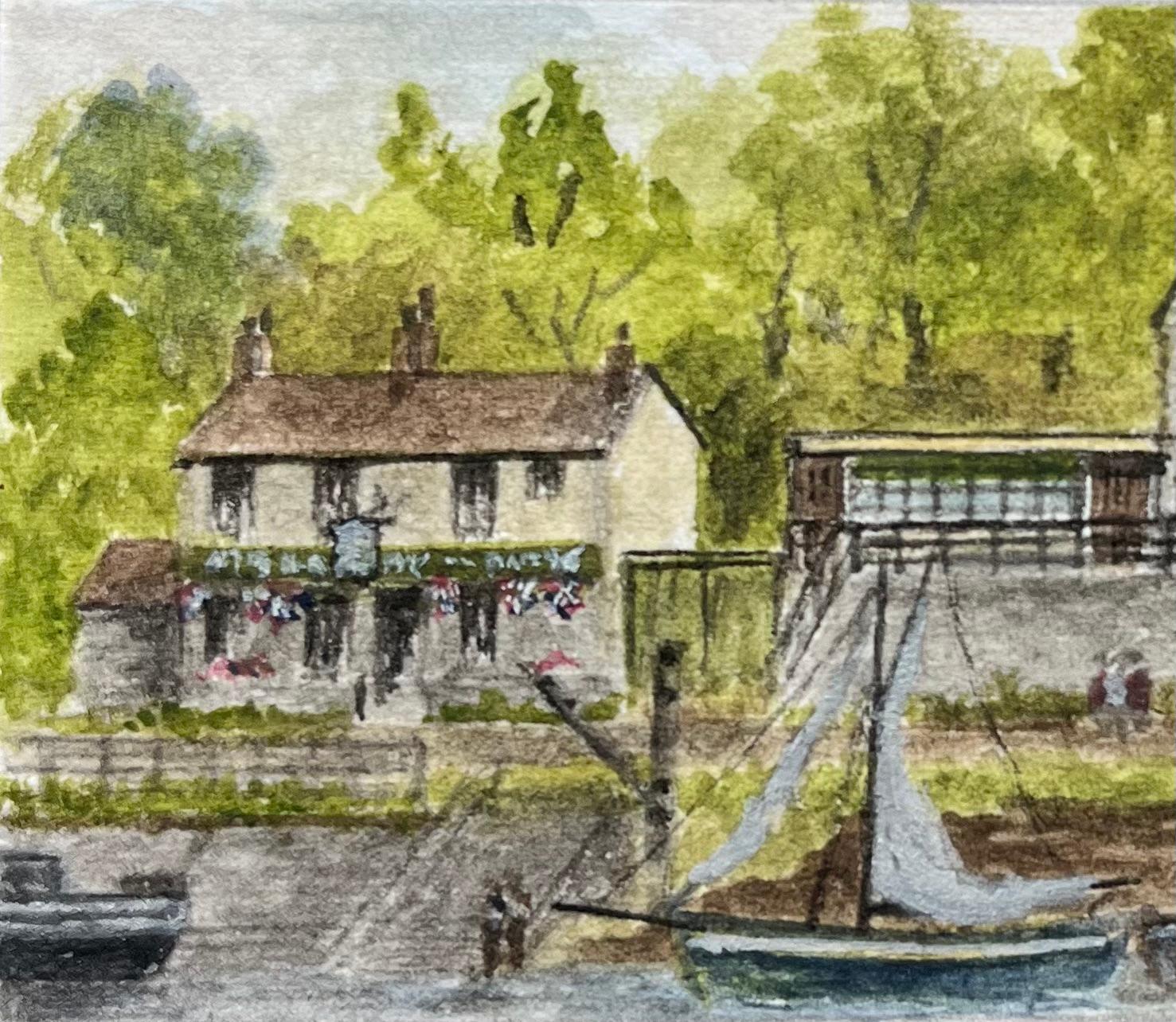 Aquarelle miniature historique de Chequers Inn Henham avec bateau et cavaliers - Marron Landscape Painting par Jack Grunwell