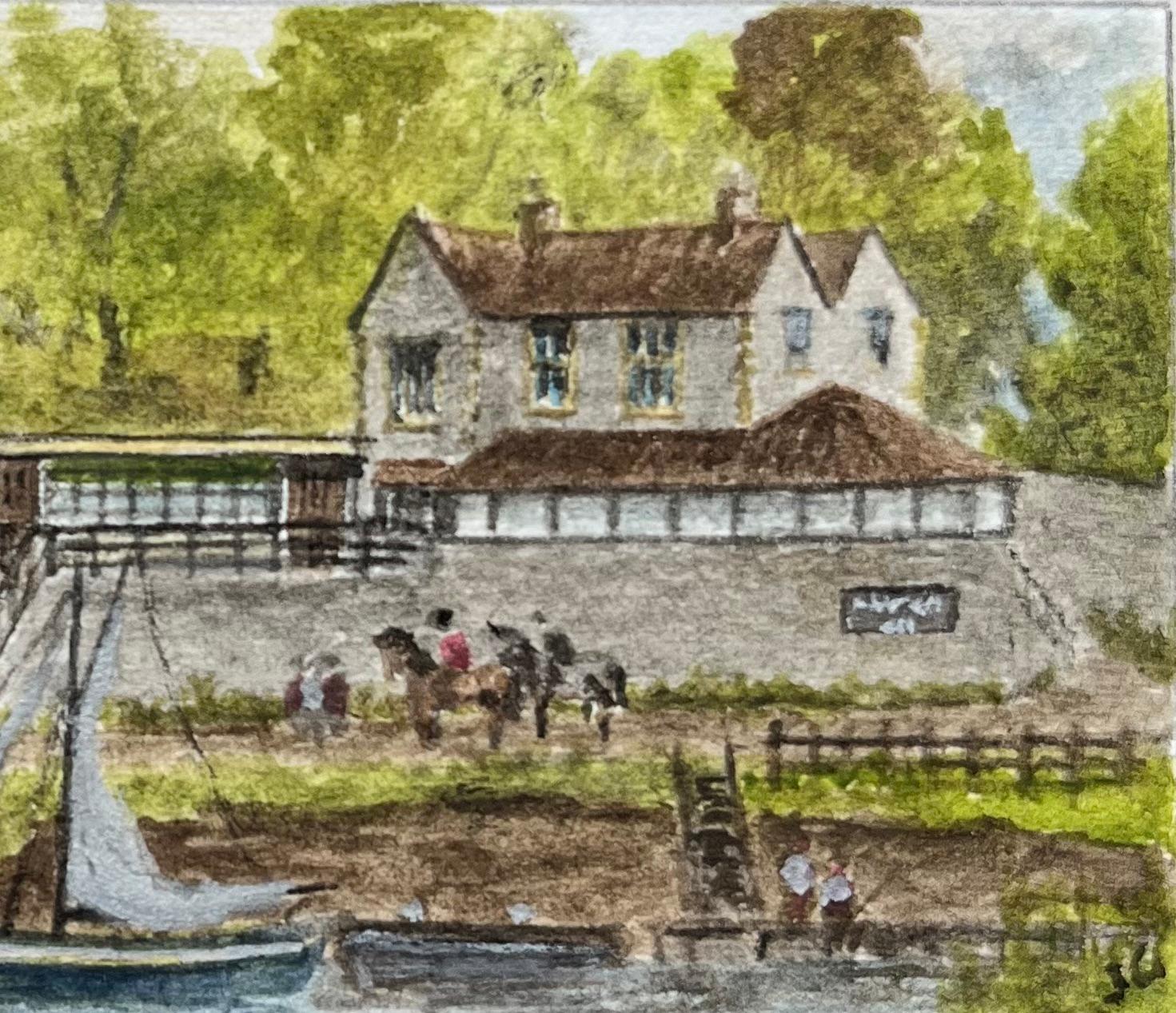 Aquarelle miniature historique de Chequers Inn Henham avec bateau et cavaliers - École anglaise Painting par Jack Grunwell