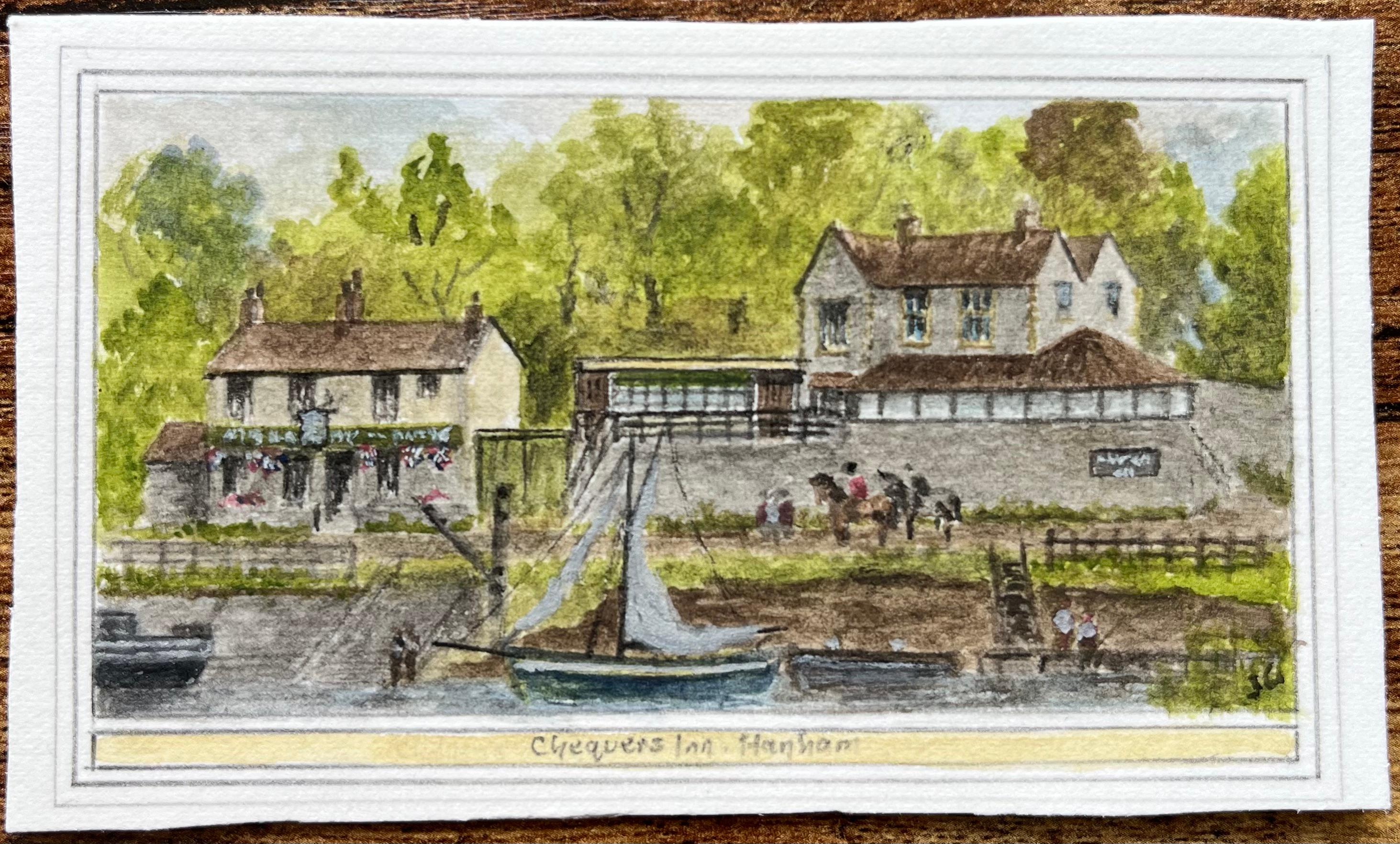 Aquarelle miniature historique de Chequers Inn Henham avec bateau et cavaliers - Painting de Jack Grunwell