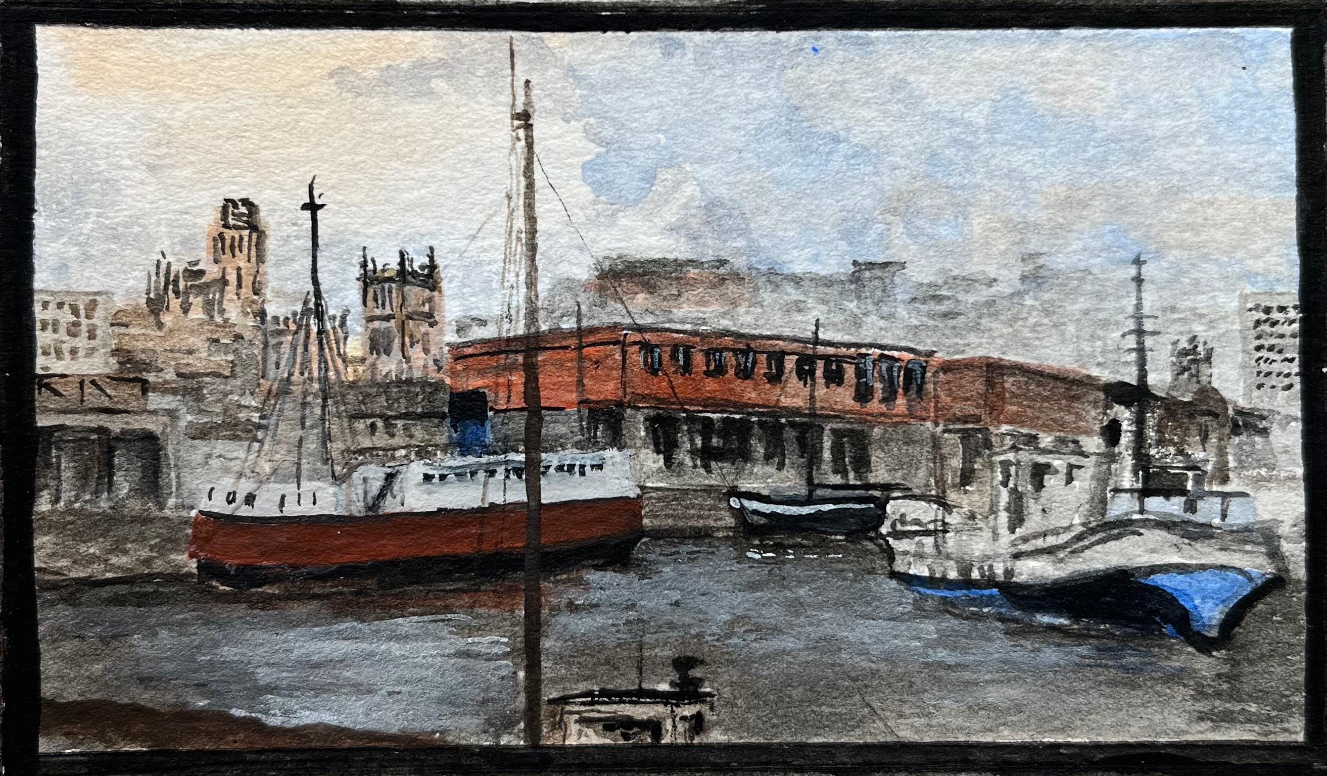 Jack Grunwell Landscape Painting - Historic Miniature Watercolor of Liverpool Docks Watercolour with Boats
