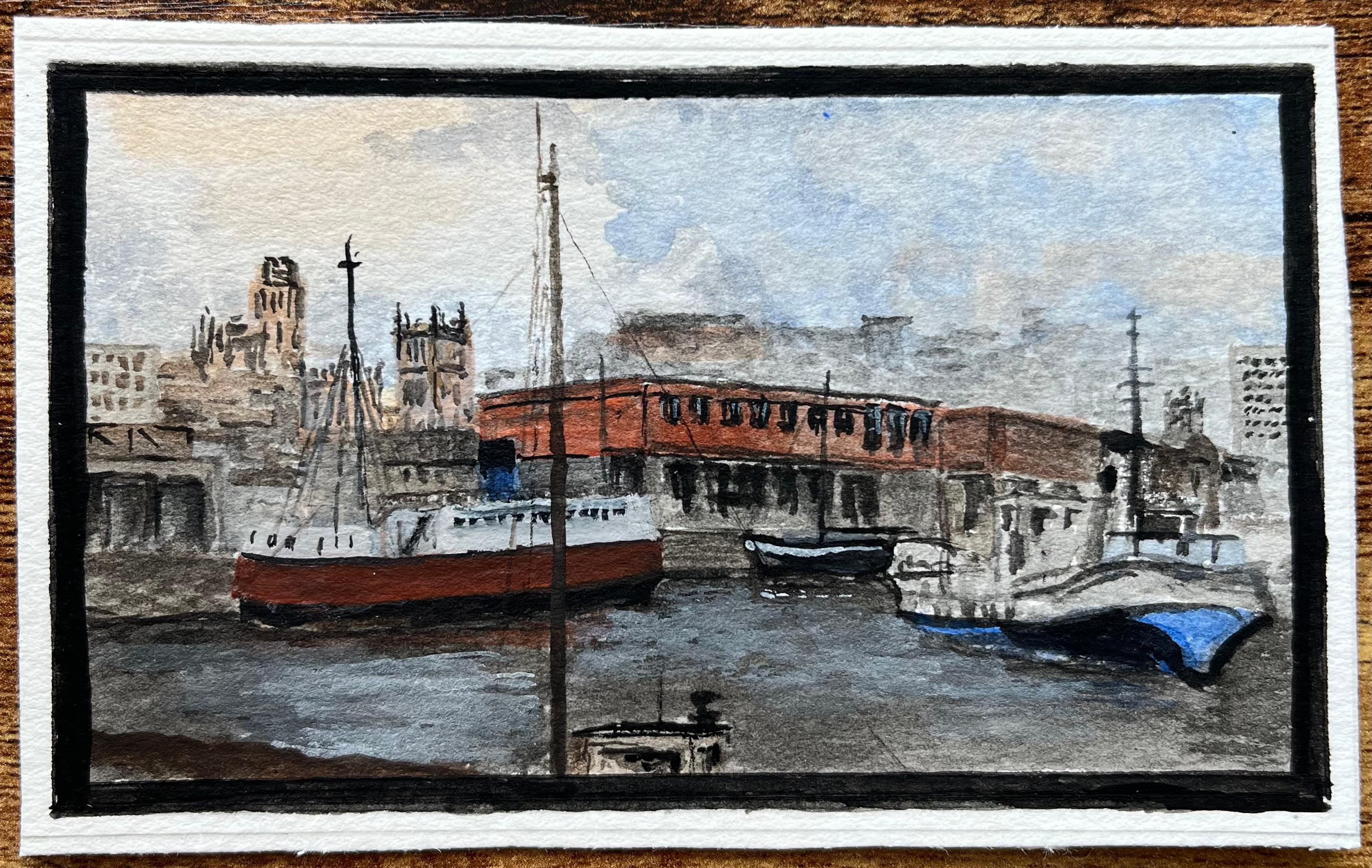Historic Miniature Watercolor of Liverpool Docks Watercolour with Boats - Painting by Jack Grunwell