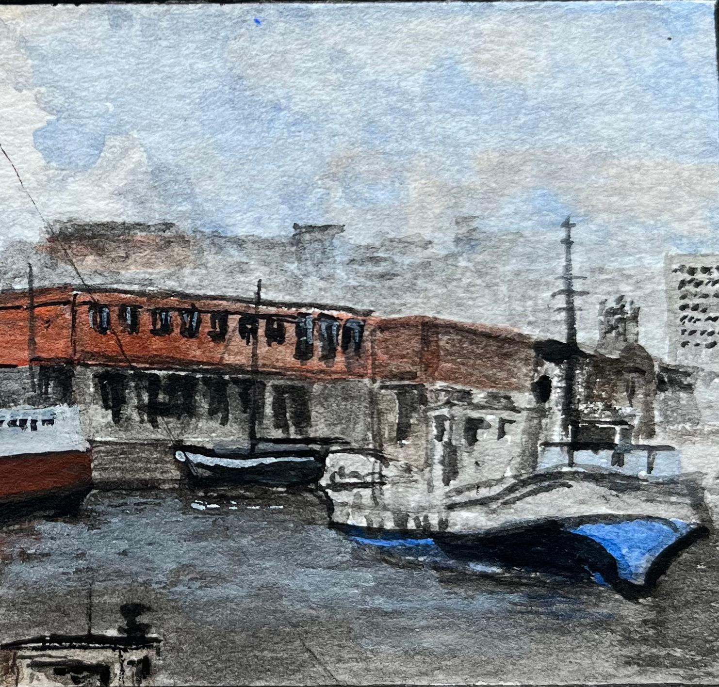 Historic Miniature Watercolor of Liverpool Docks Watercolour with Boats - English School Painting by Jack Grunwell