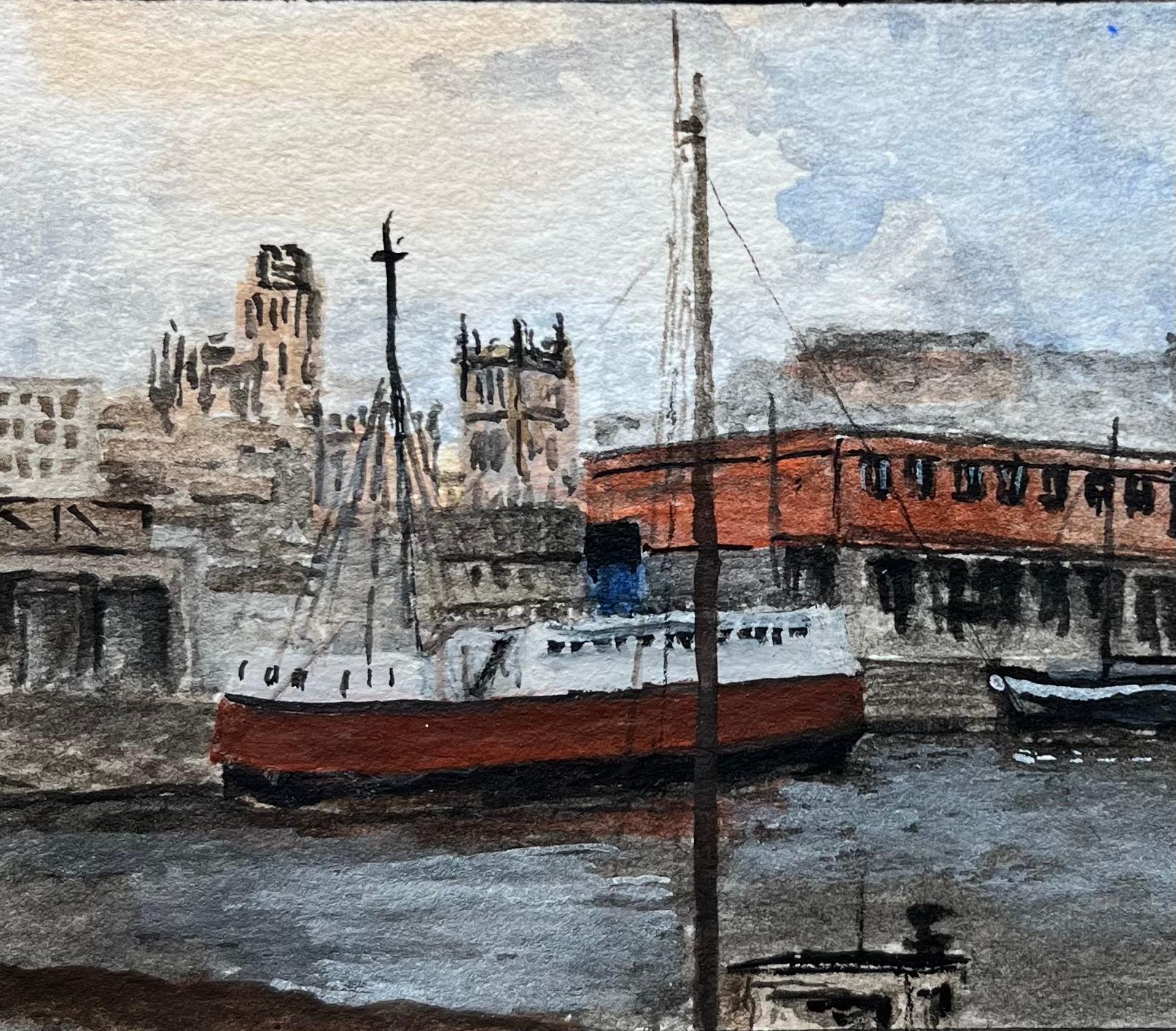 Historic Miniature Watercolor of Liverpool Docks Watercolour with Boats - Gray Landscape Painting by Jack Grunwell
