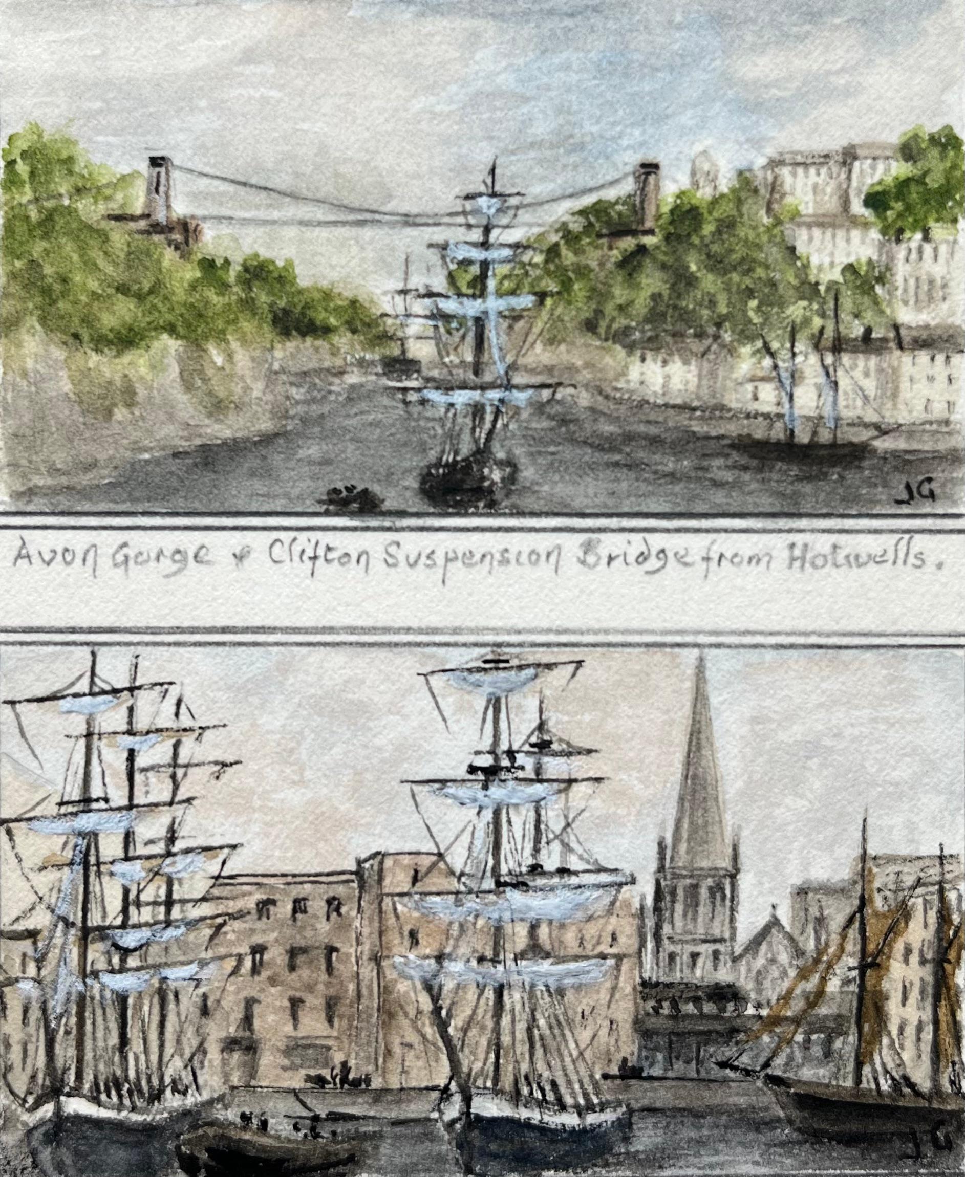 Jack Grunwell Landscape Art - Historic Miniature Watercolor of Clifton Suspension Bridge and Redcliffe Bristol