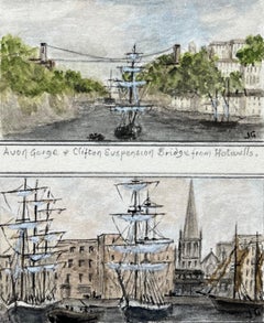 Aquarelle miniature historique du pont suspendu de Clifton et de Redcliffe Bristol