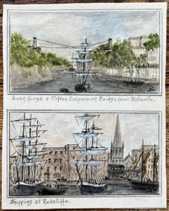 Historic Miniature Watercolor of Clifton Suspension Bridge and Redcliffe Bristol