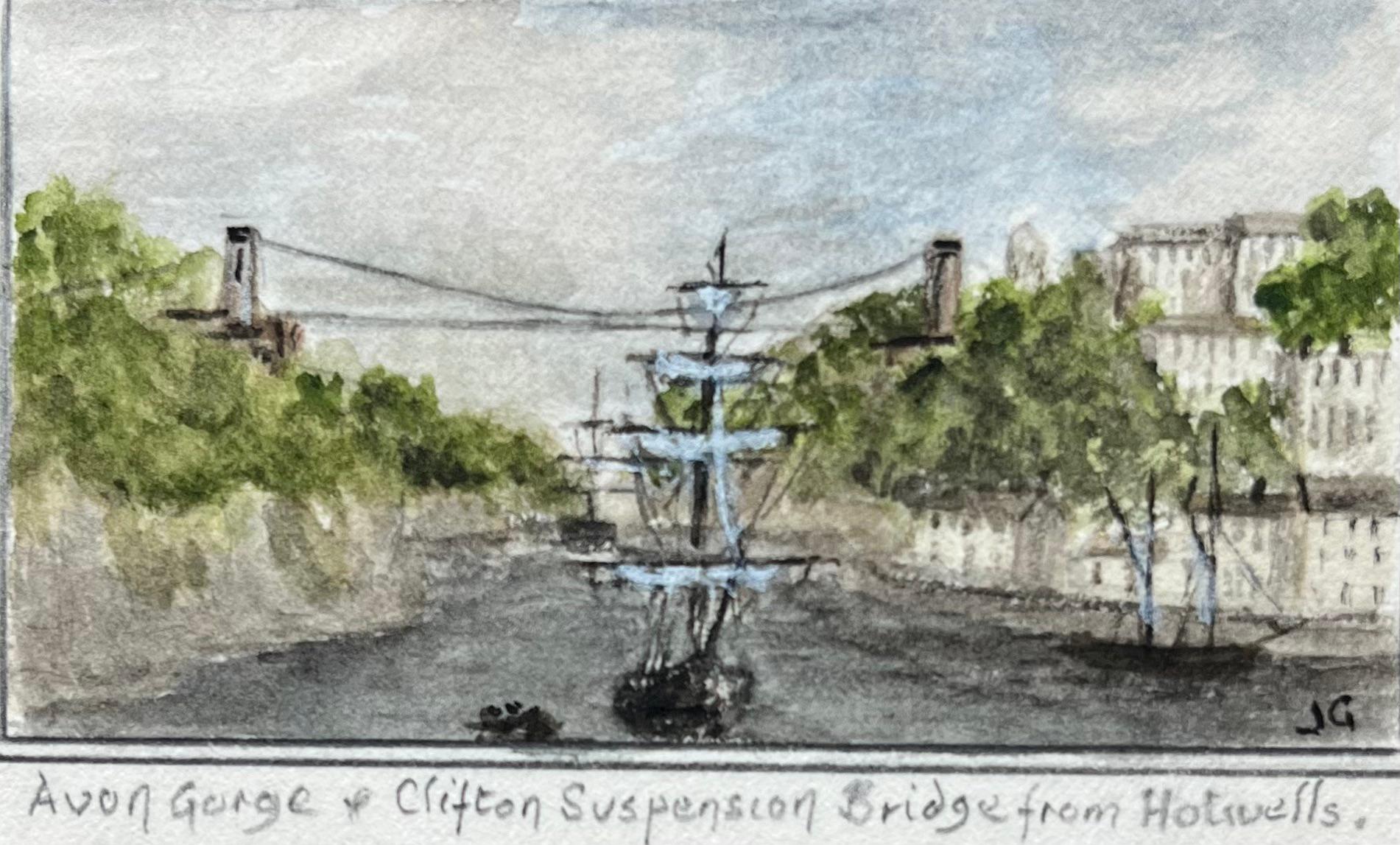 Historic Miniature Watercolor of Clifton Suspension Bridge and Redcliffe Bristol - English School Art by Jack Grunwell