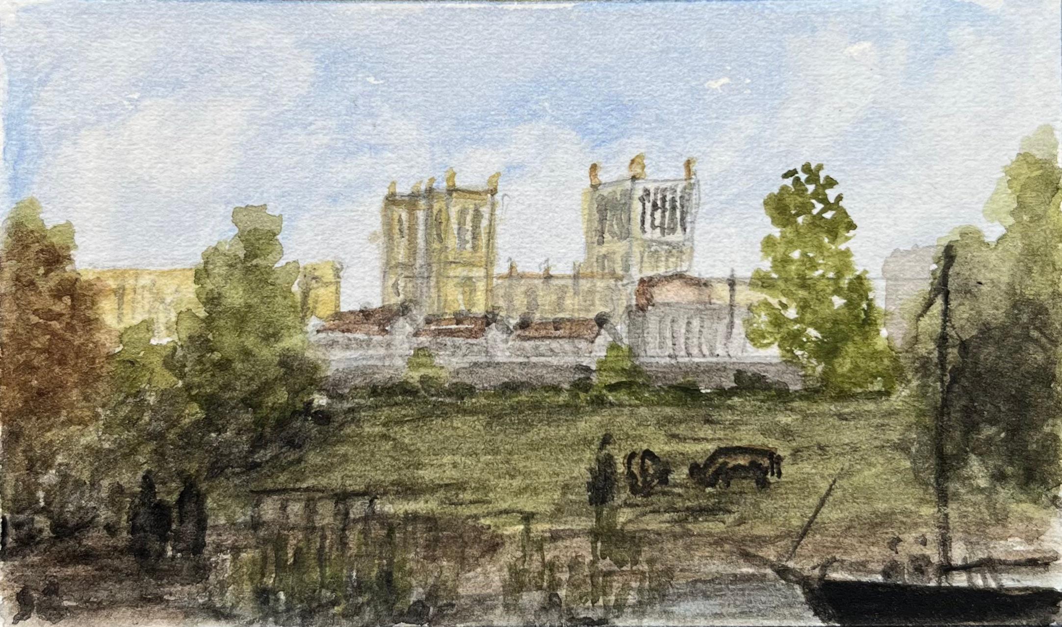 Historic Miniature Watercolor of Bristol Cathedral and School from Canons Marsh