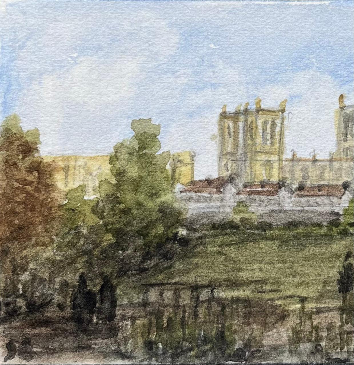 Aquarelle miniature historique de la cathédrale de Bristol et de l'école de Canons Marsh - Gris Landscape Art par Jack Grunwell