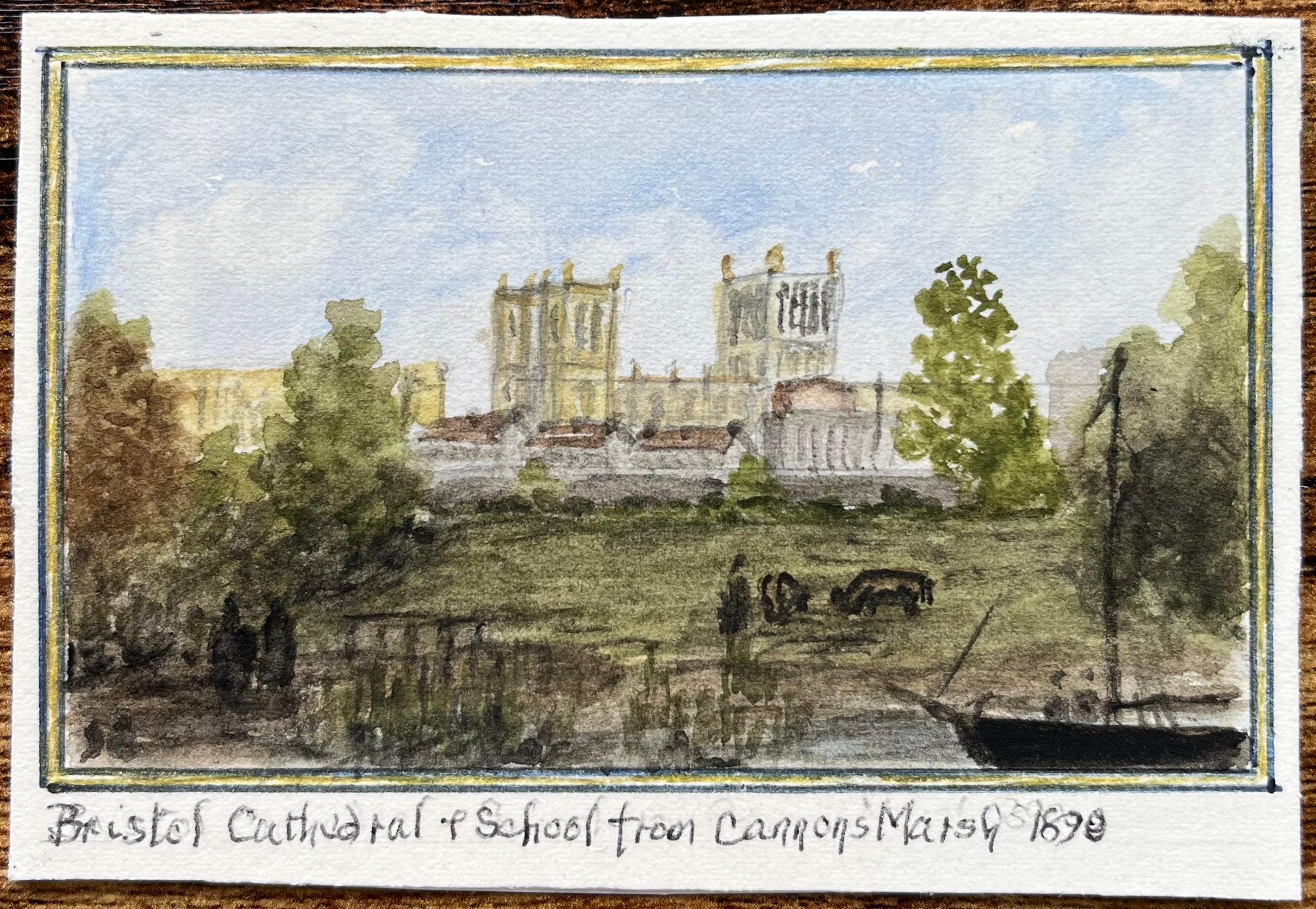 Aquarelle miniature historique de la cathédrale de Bristol et de l'école de Canons Marsh - Art de Jack Grunwell