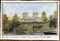 Aquarelle miniature historique de la cathédrale de Bristol et de l'école de Canons Marsh