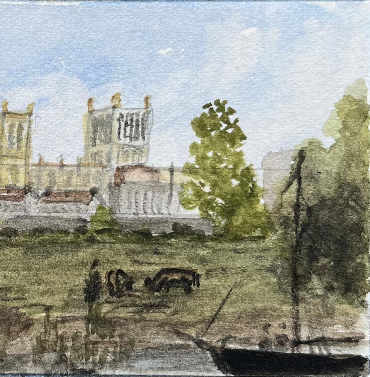 Aquarelle miniature historique de la cathédrale de Bristol et de l'école de Canons Marsh - École anglaise Art par Jack Grunwell