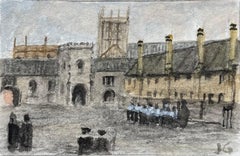 Histórica acuarela en miniatura de colegiales en Cathedral Close en Bristol