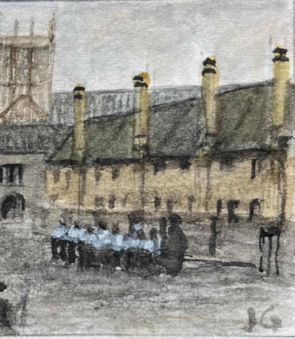 Historic Miniature Watercolor of Schoolboys at Cathedral Close in Bristol - English School Painting by Jack Grunwell