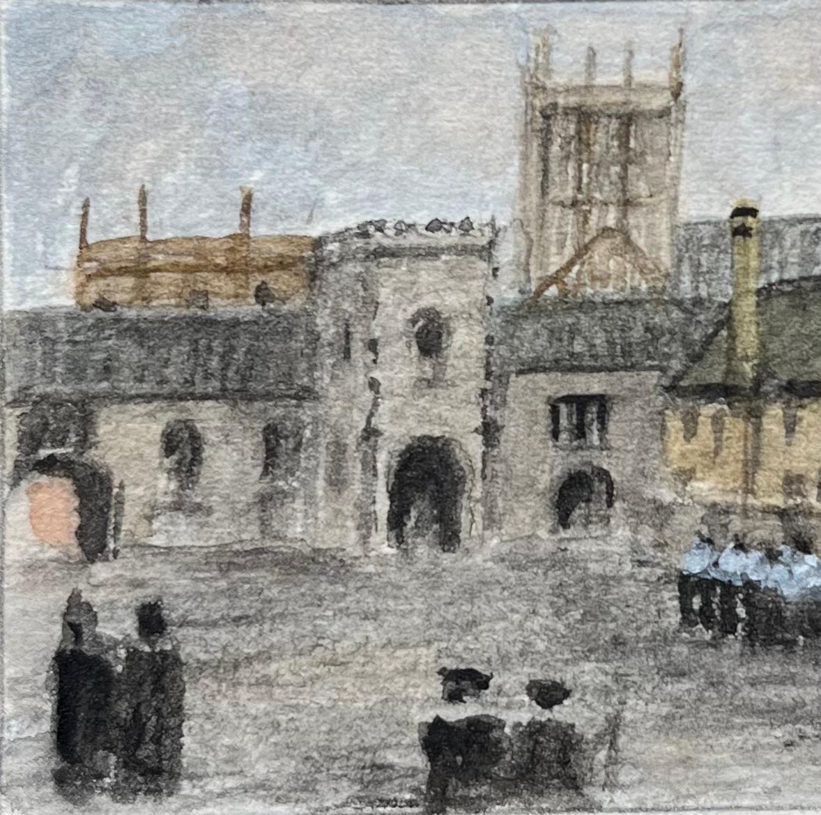 Historic Miniature Watercolor of Schoolboys at Cathedral Close in Bristol - Gray Landscape Painting by Jack Grunwell