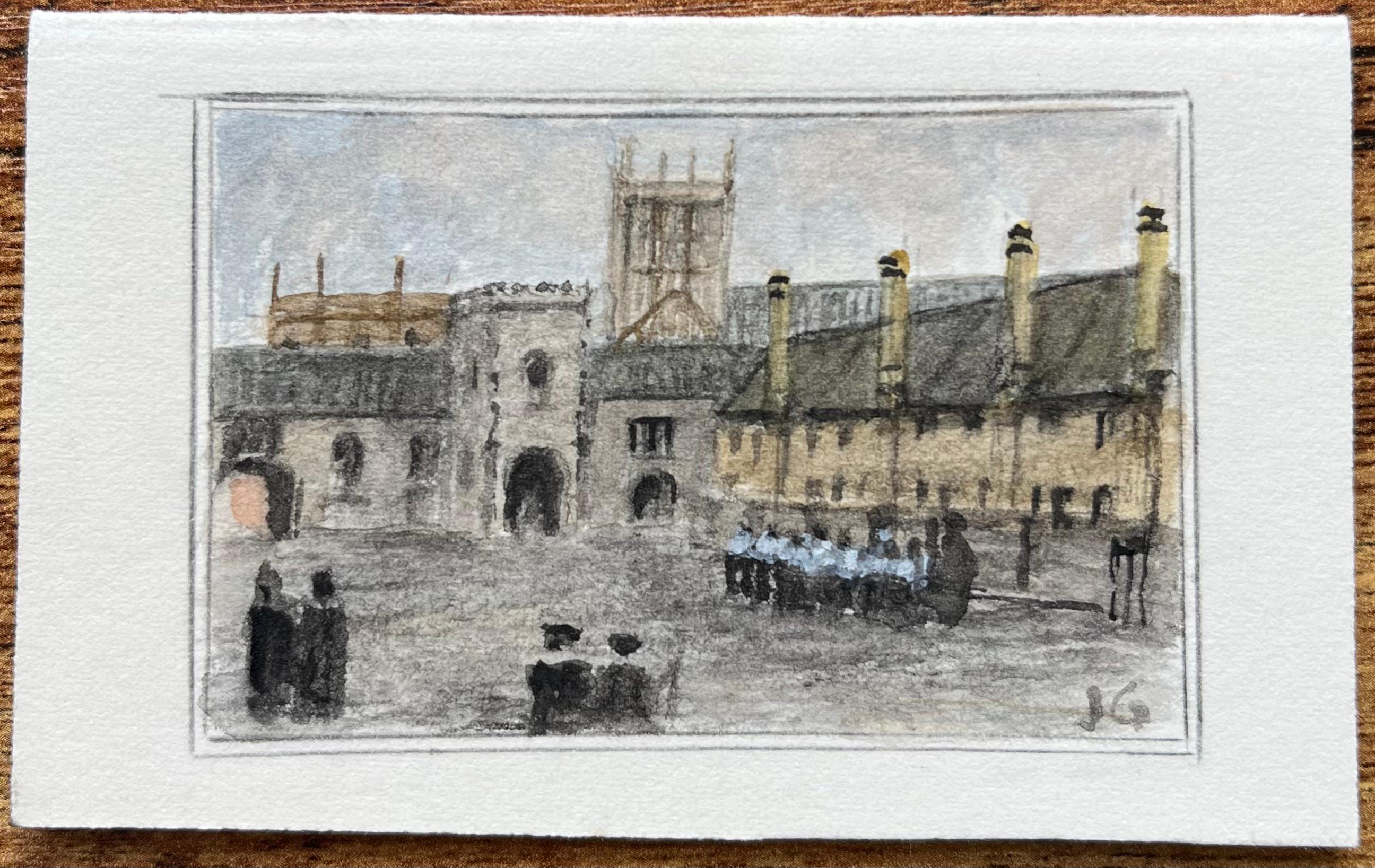 Historic Miniature Watercolor of Schoolboys at Cathedral Close in Bristol - Painting by Jack Grunwell