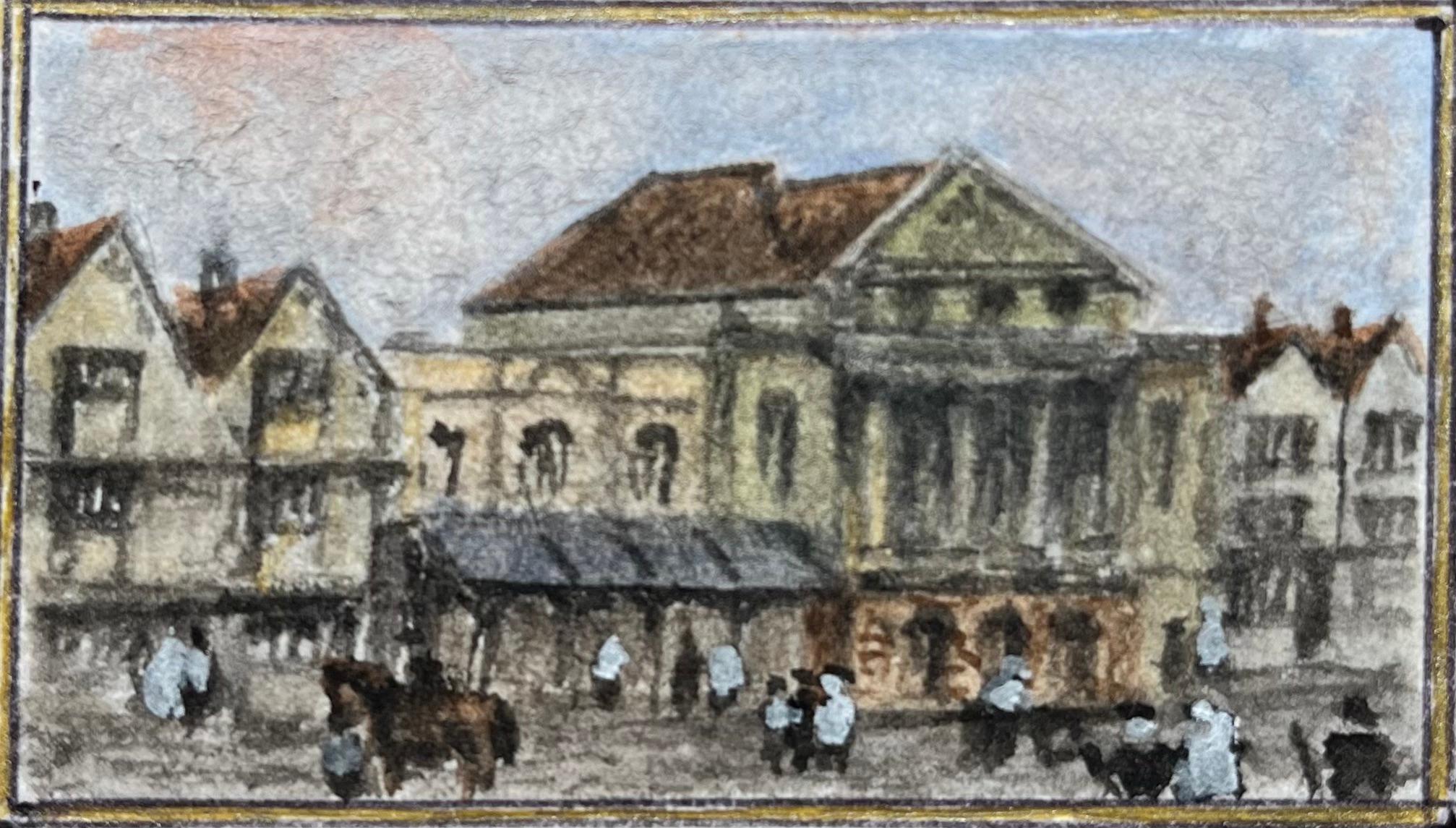 Jack Grunwell Landscape Art – Historisches Miniatur-Aquarell des Theatre Royal und der Coopers Hall in Bristol