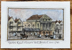 Aquarelle miniature historique du Theatre Royal et du Coopers Hall à Bristol