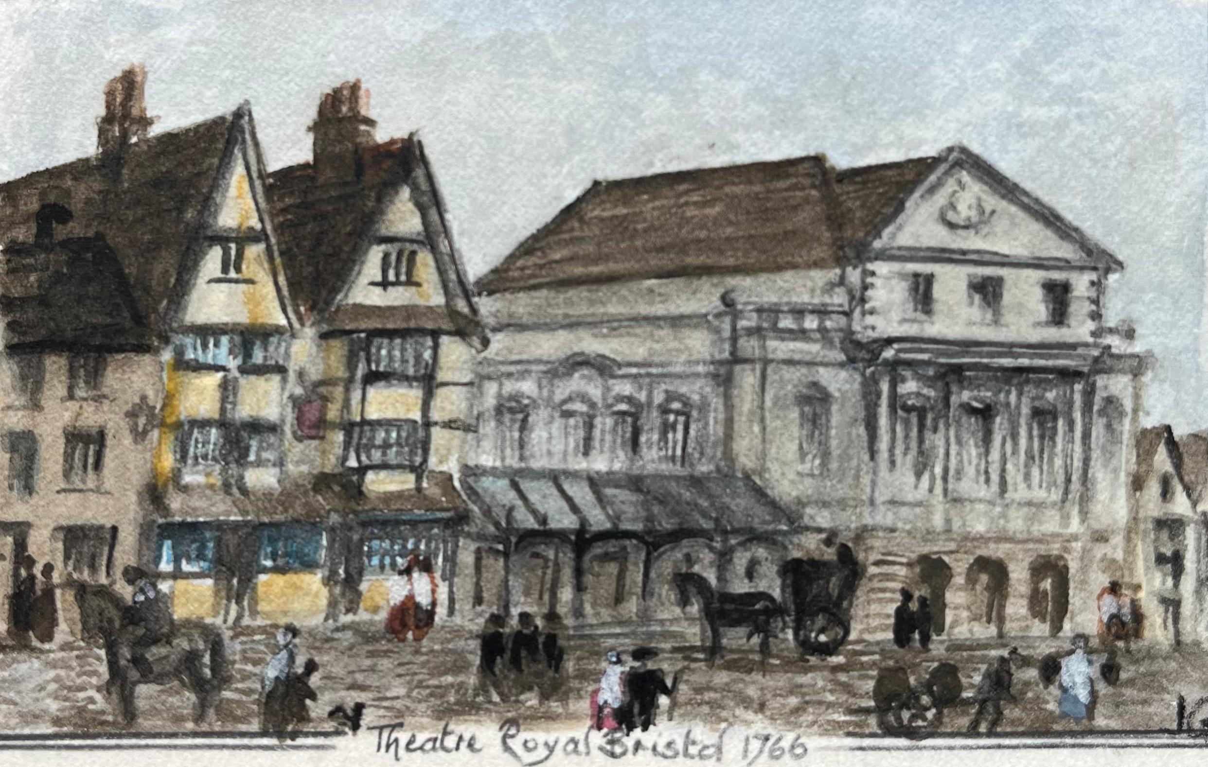 Jack Grunwell Landscape Painting – Historische Miniatur Aquarell des Theatre Royal Bristol 1766 Straßenszene