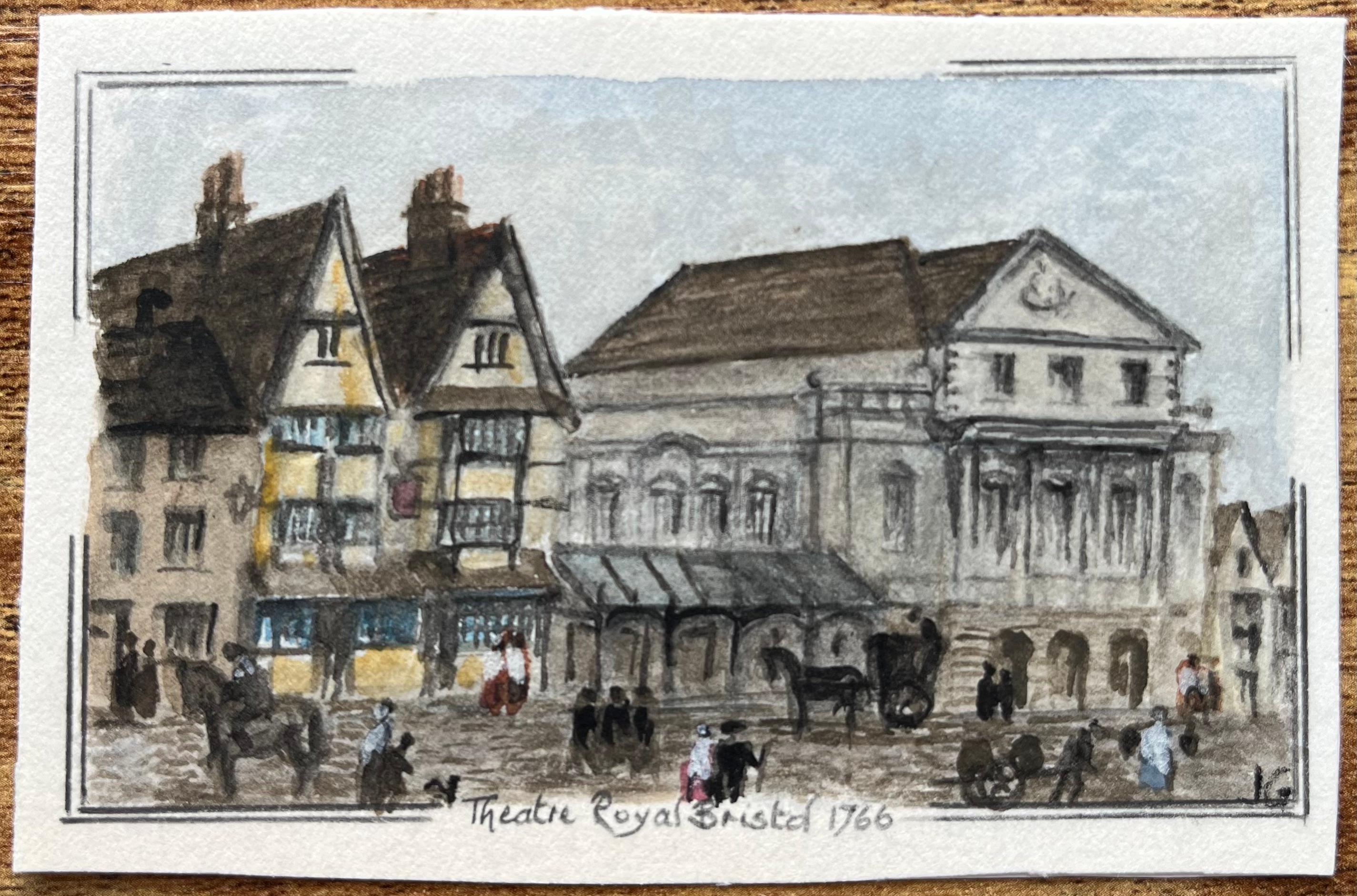 Historische Miniatur Aquarell des Theatre Royal Bristol 1766 Straßenszene – Painting von Jack Grunwell