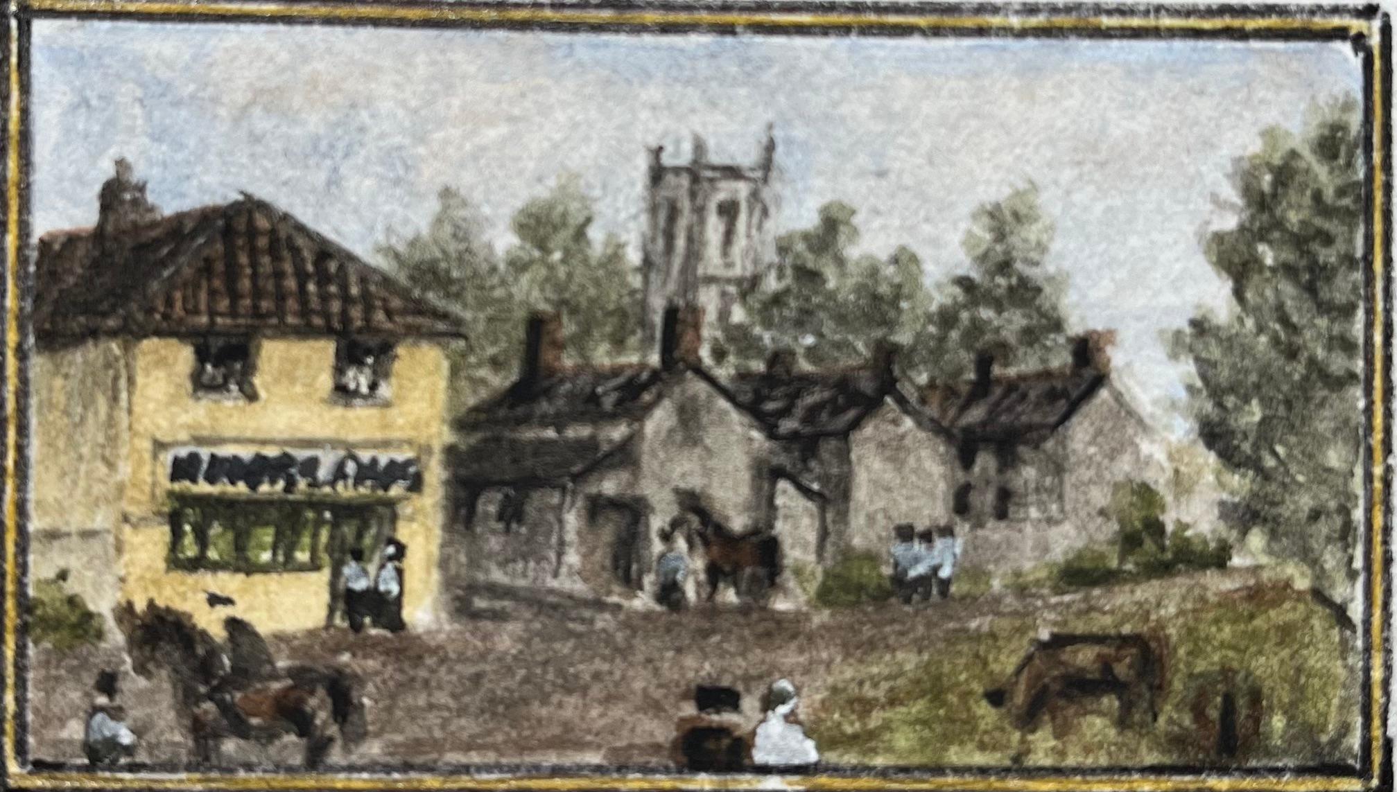 Jack Grunwell Landscape Painting - Historic Miniature Watercolor of Brislington Village circa 1800 Kings Arms