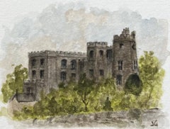 Acuarela histórica en miniatura del castillo de Kingswood entre árboles