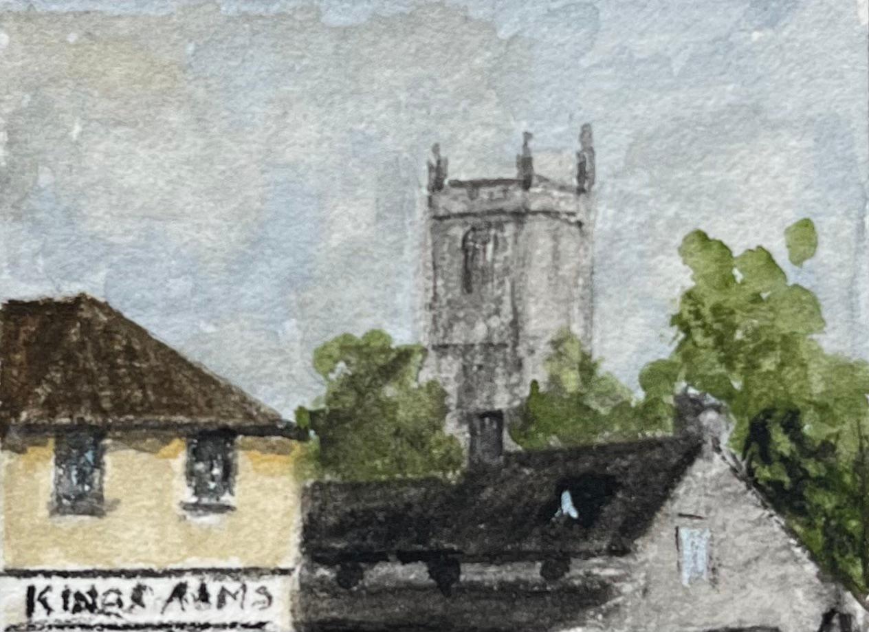 Historic Miniature Watercolor of Brislington Village Smithy and Kings Arms Inn - Gray Landscape Painting by Jack Grunwell