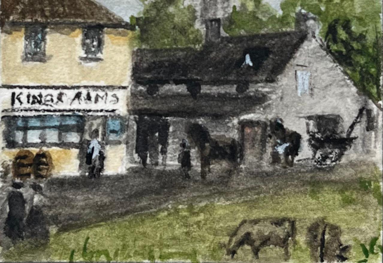 Historic Miniature Watercolor of Brislington Village Smithy and Kings Arms Inn - English School Painting by Jack Grunwell