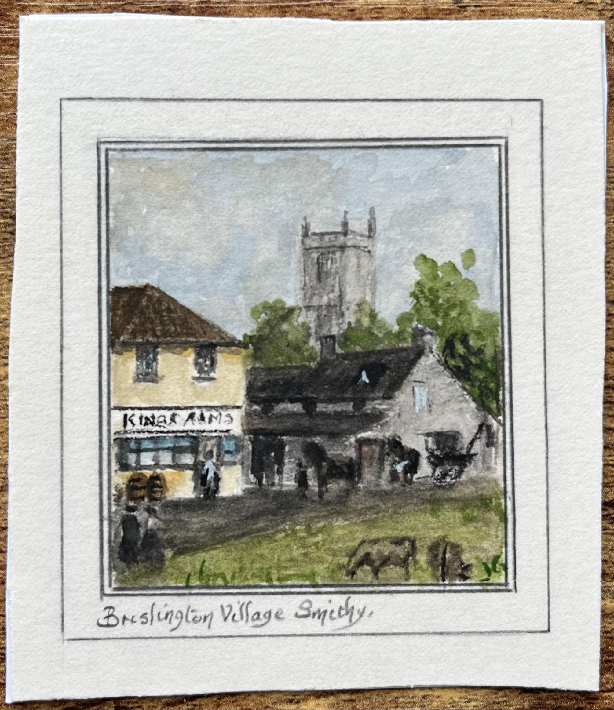 Historic Miniature Watercolor of Brislington Village Smithy and Kings Arms Inn - Painting by Jack Grunwell