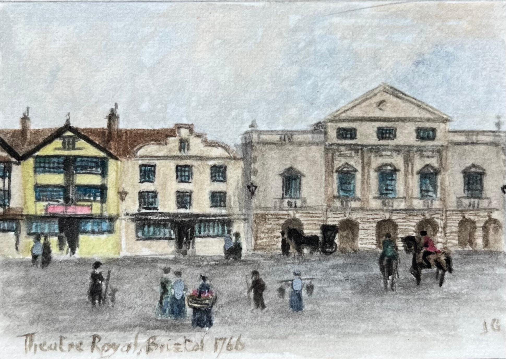 Jack Grunwell Landscape Painting - Historic Miniature Watercolor of Theatre Royal Bristol 1766