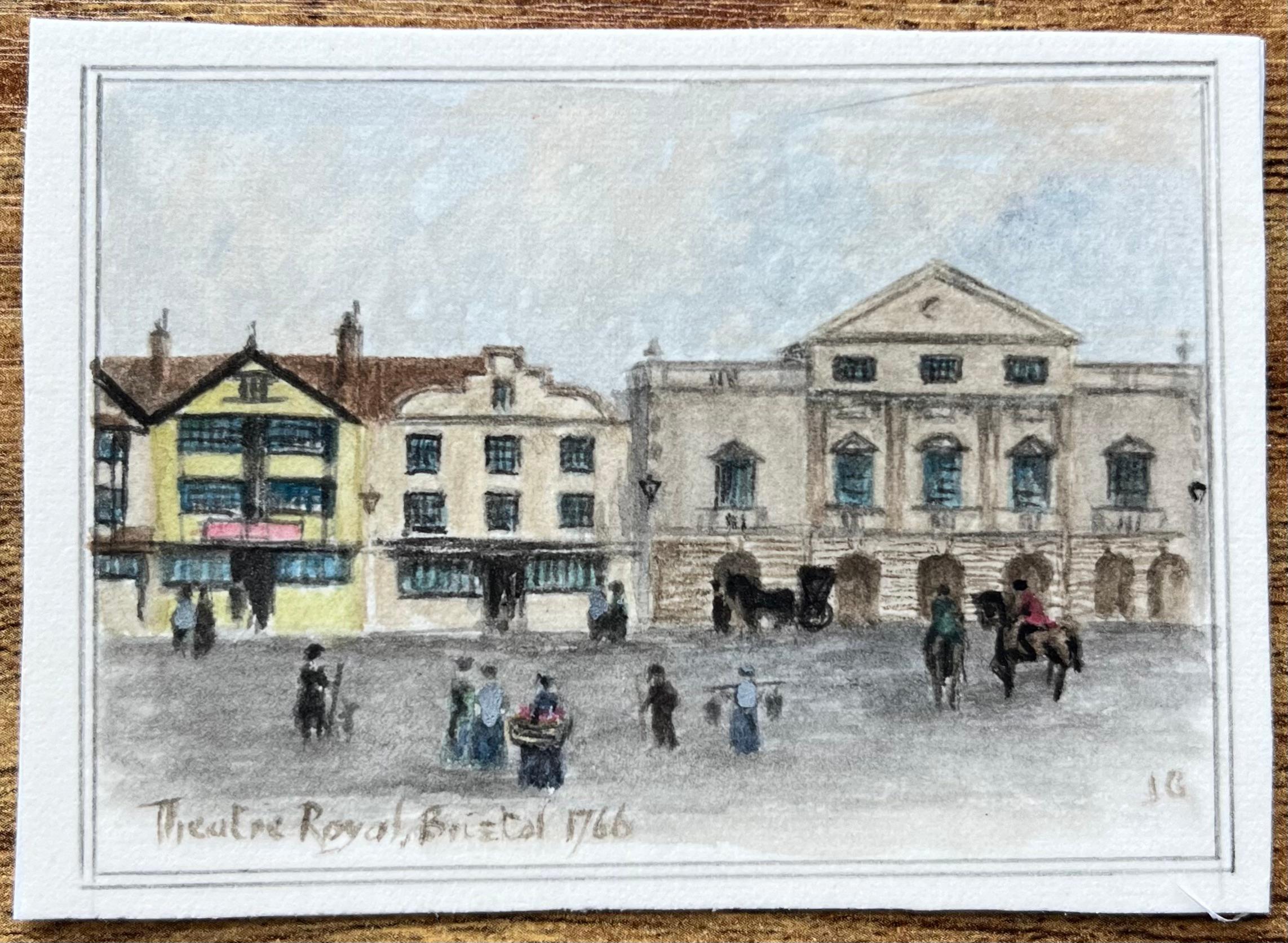 Historic Miniature Watercolor of Theatre Royal Bristol 1766 - Painting by Jack Grunwell