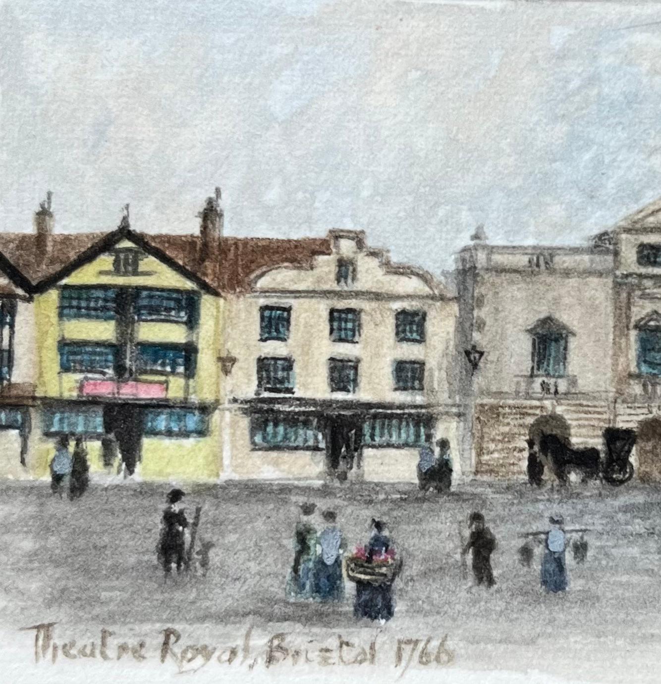 Historic Miniature Watercolor of Theatre Royal Bristol 1766 - Gray Landscape Painting by Jack Grunwell