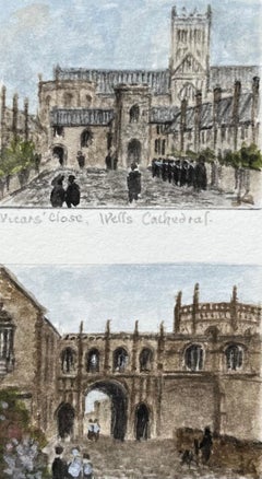 Acuarela en miniatura de la Puerta con Cadenas de la Catedral de Wells y Vicars Close Somerset