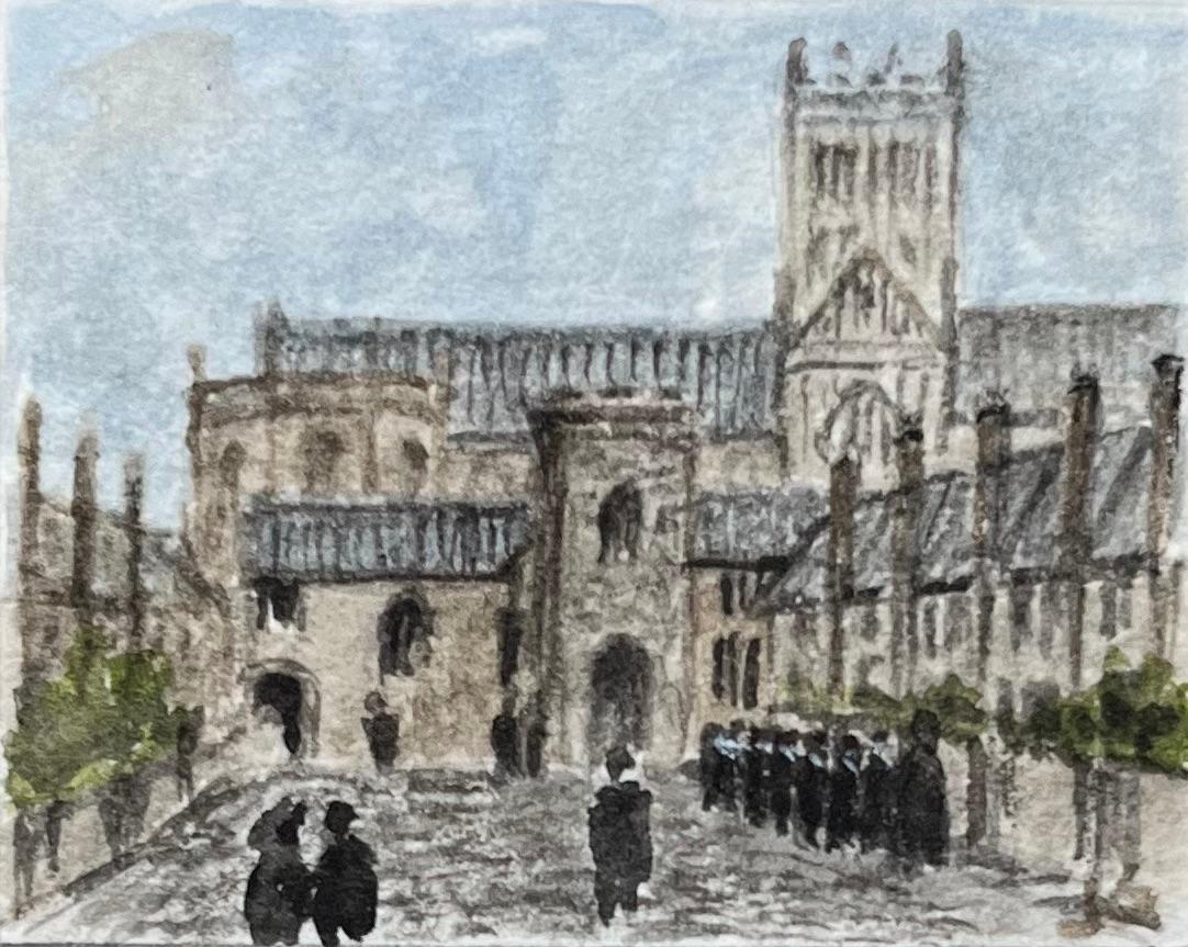 Miniatur-Aquarell von Wells Kathedrale Kette Tor und Vicars Close Somerset (Englische Schule), Painting, von Jack Grunwell