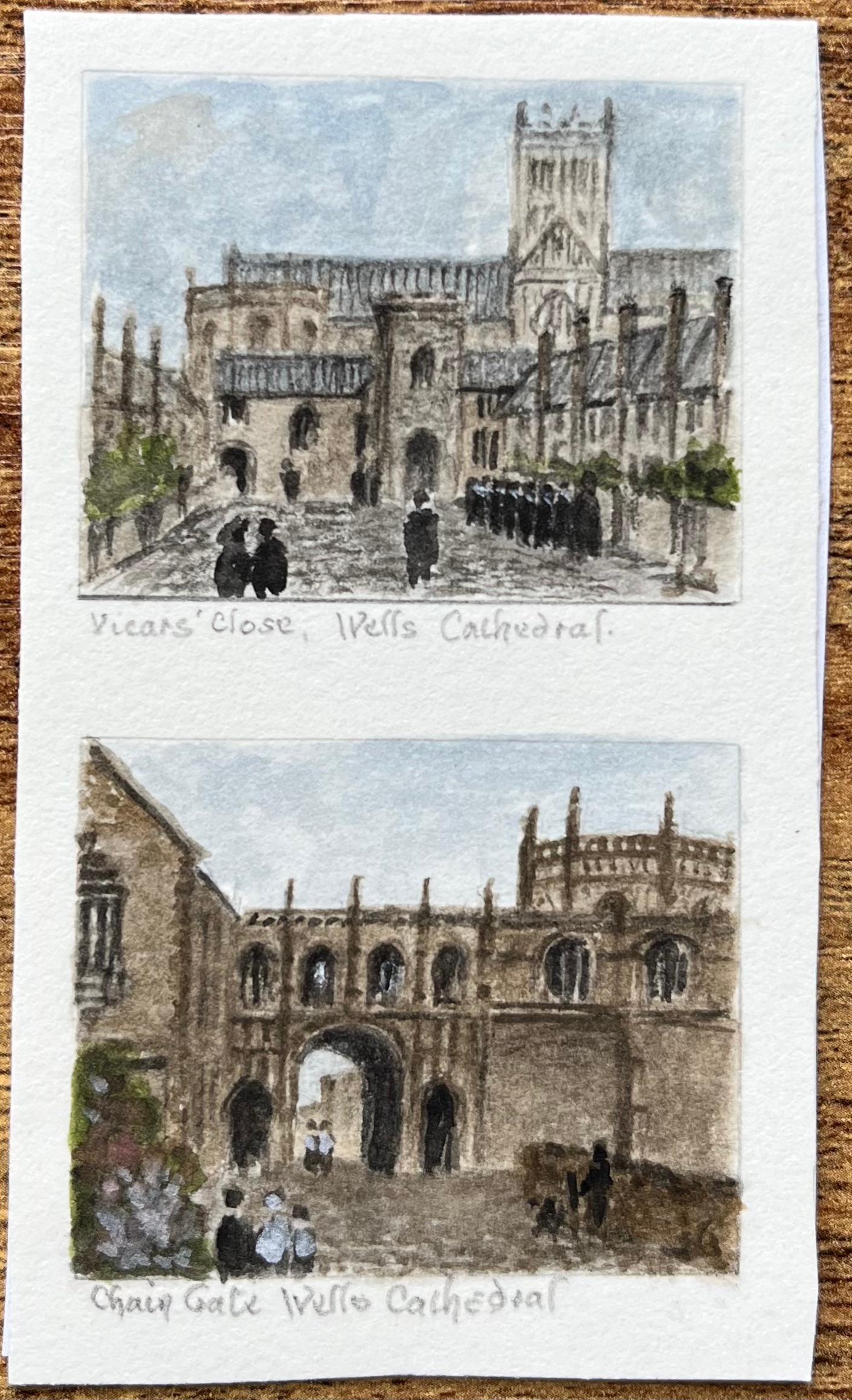 Miniatur-Aquarell von Wells Kathedrale Kette Tor und Vicars Close Somerset – Painting von Jack Grunwell